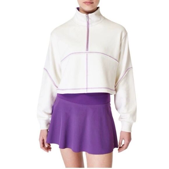 Sweaty Betty Women's 10 Lily White Revive Half Zip Crop Sweatshirt Mock Neck - Picture 1 of 9